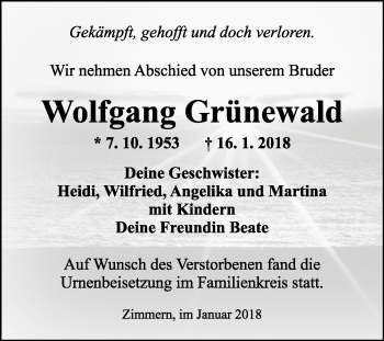 Traueranzeige von Wolfgang Grünewald von Fränkische Nachrichten