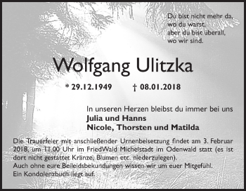 Traueranzeige von Wolfgang Ulitzka von Mannheimer Morgen / Schwetzinger Zeitung