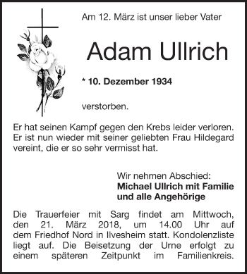 Traueranzeige von Adam Ullrich von Mannheimer Morgen