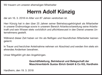 Traueranzeige von Adolf Künzig von Fränkische Nachrichten