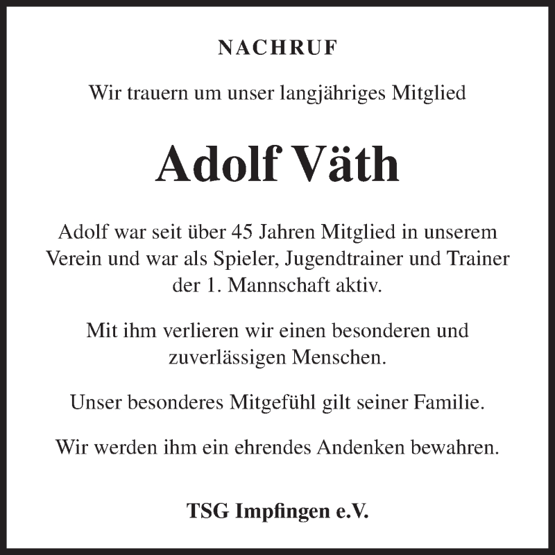  Traueranzeige für Adolf Väth vom 29.03.2018 aus Fränkische Nachrichten