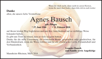 Traueranzeige von Agnes Bausch von Mannheimer Morgen