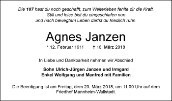 Traueranzeige von Agnes Janzen von Mannheimer Morgen