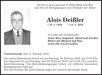 Traueranzeige von Alois Deißler von Fränkische Nachrichten