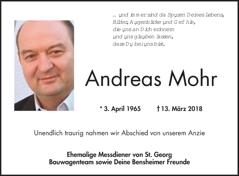  Traueranzeige für Andreas Mohr vom 24.03.2018 aus Bergsträßer Anzeiger