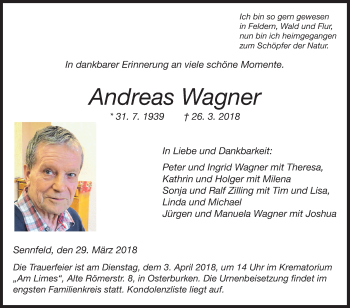 Traueranzeige von Andreas Wagner von Fränkische Nachrichten