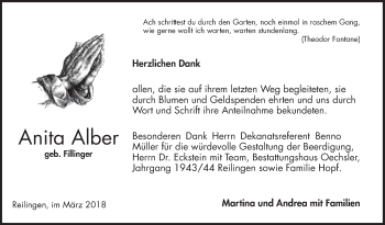 Traueranzeige von Anita Alber von Schwetzinger Zeitung