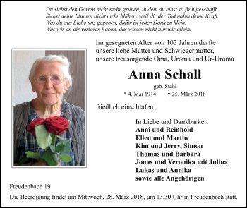 Traueranzeige von Anna Schall von Fränkische Nachrichten