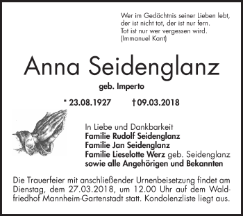 Traueranzeige von Anna Seidenglanz von Mannheimer Morgen