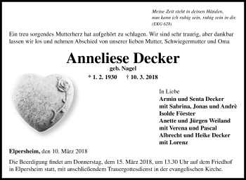 Traueranzeige von Anneliese Decker von Fränkische Nachrichten