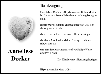 Traueranzeige von Anneliese Decker von Fränkische Nachrichten