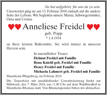 Traueranzeige von Anneliese Freidel von Mannheimer Morgen