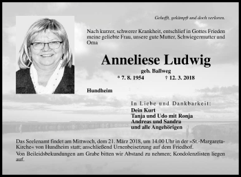 Traueranzeige von Anneliese Ludwig von Fränkische Nachrichten