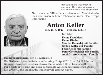 Traueranzeige von Anton Keller von Fränkische Nachrichten