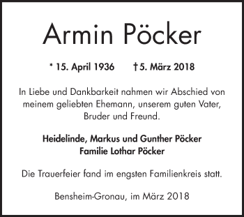 Traueranzeige von Armin Pöcker von Bergsträßer Anzeiger