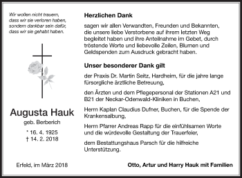 Traueranzeige von Augusta Hauk von Fränkische Nachrichten