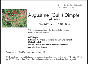 Traueranzeige von Augustine Dimpfel von Mannheimer Morgen