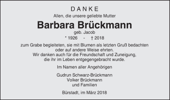Traueranzeige von Barbara  Brückmann von Südhessen Morgen