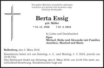 Traueranzeige von Berta Essig von Fränkische Nachrichten