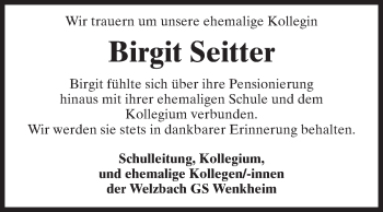 Traueranzeige von Birgit Seitter von Fränkische Nachrichten