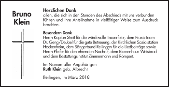 Traueranzeige von Bruno Klein von Schwetzinger Zeitung
