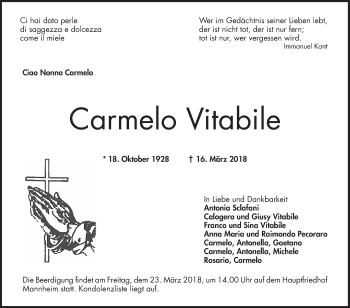 Traueranzeige von Carmelo Vitabile von Mannheimer Morgen