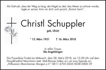 Traueranzeige von Christl Schuppler von Mannheimer Morgen