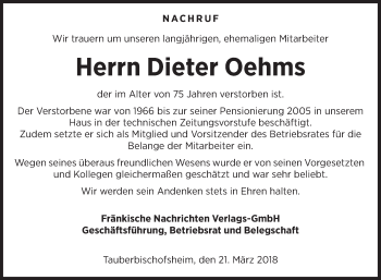 Traueranzeige von Dieter Oehms von Fränkische Nachrichten