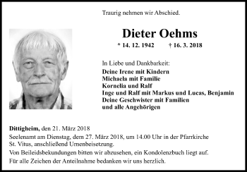 Traueranzeige von Dieter Oehms von Fränkische Nachrichten