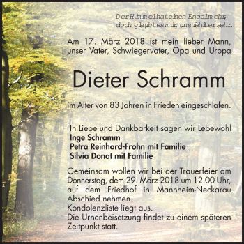 Traueranzeige von Dieter Schramm von Mannheimer Morgen