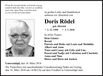 Traueranzeige von Doris Rödel von Fränkische Nachrichten