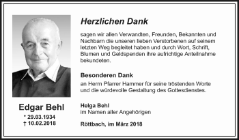 Traueranzeige von Edgar Behl von Fränkische Nachrichten