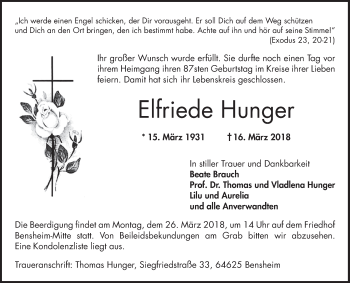 Traueranzeige von Elfriede Hunger von Bergsträßer Anzeiger