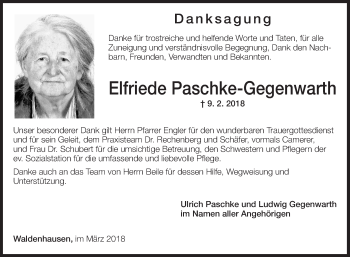 Traueranzeige von Elfriede Paschke-Gegenwarth von Fränkische Nachrichten
