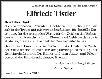 Traueranzeige von Elfriede Tistler von Fränkische Nachrichten