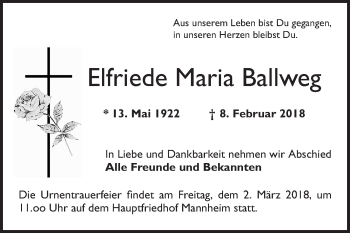 Traueranzeige von Elfriede Maria Ballweg von Mannheimer Morgen