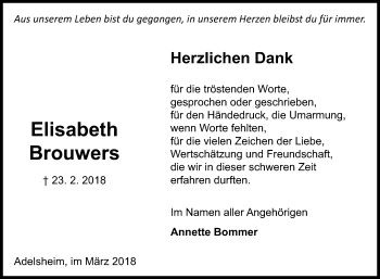 Traueranzeige von Elisabeth Brouwers von Fränkische Nachrichten