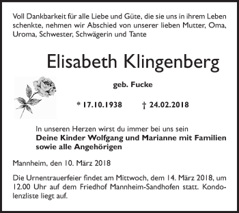 Traueranzeige von Elisabeth Klingenberg von Mannheimer Morgen