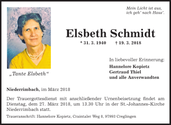 Traueranzeige von Elsbeth Schmidt von Fränkische Nachrichten