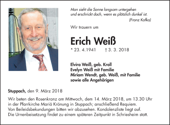 Traueranzeige von Erich Weiß von Fränkische Nachrichten