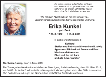 Traueranzeige von Erika Kunkel von Fränkische Nachrichten