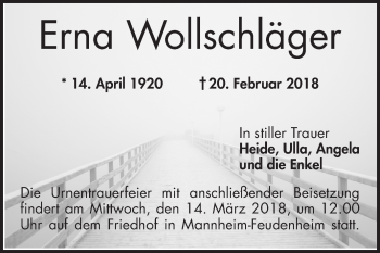 Traueranzeige von Erna Wollschläger von Mannheimer Morgen