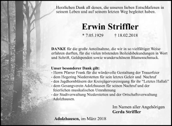 Traueranzeige von Erwin Striffler von Fränkische Nachrichten