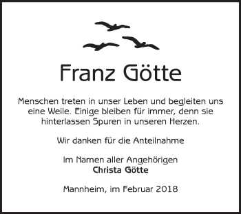 Traueranzeige von Franz Götte von Mannheimer Morgen