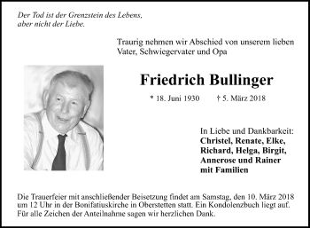 Traueranzeige von Friedrich Bullinger von Fränkische Nachrichten