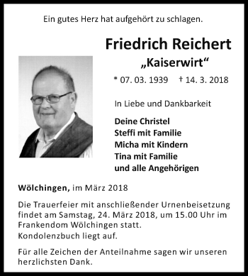 Traueranzeige von Friedrich Reichert von Fränkische Nachrichten