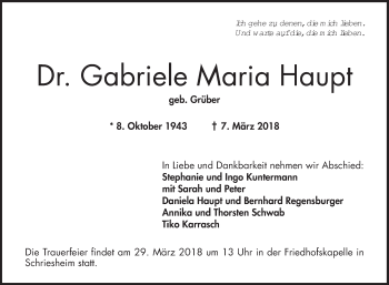 Traueranzeige von Gabriele Maria Haupt von Mannheimer Morgen