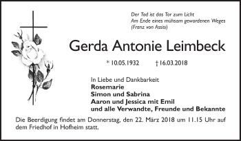 Traueranzeige von Gerda Antonie Leimbeck von Südhessen Morgen