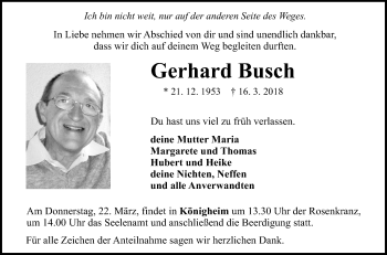 Traueranzeige von Gerhard Busch von Fränkische Nachrichten