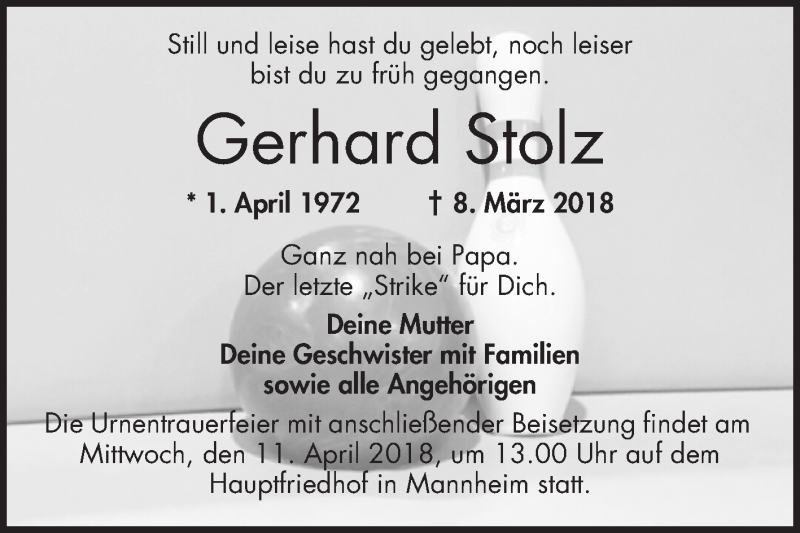  Traueranzeige für Gerhard Stolz vom 31.03.2018 aus Mannheimer Morgen